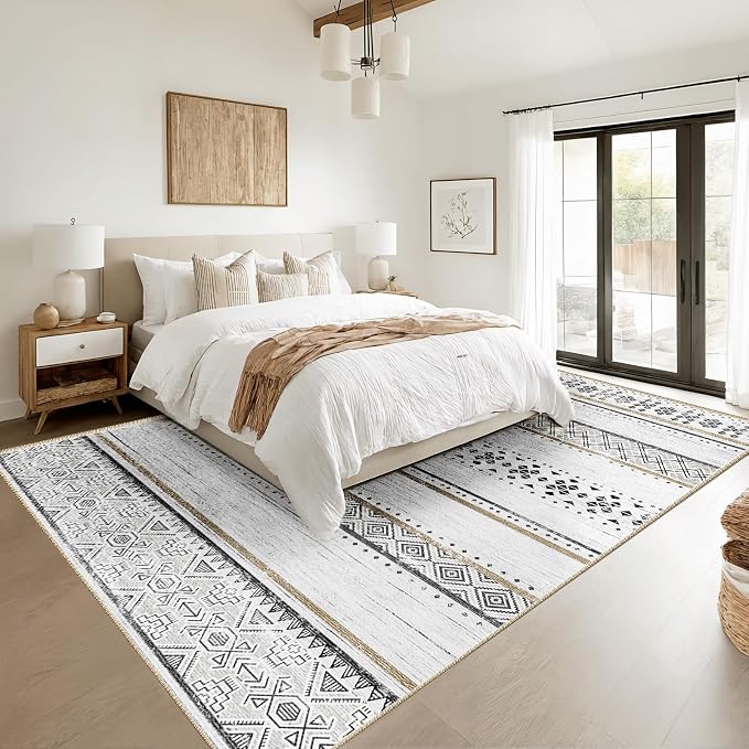 BESTSWEETIE 4x6 Area Rugs for Living Room Washable Moroccan Farmhouse Neutral Geometric Low Pile Non-Slip Soft Print Pattern Rug for Bedroom Kitchen Dining Room Entryway Black/Brown
