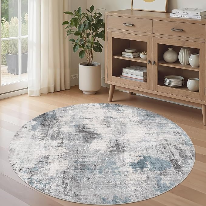 Abstract 5FT Round Rug: Machine Washable Non Slip Ultra Thin Low-Pile Carpet, Soft Stain Resistant for Living Room Bedroom Nursery, Kid Pet Friendly, Robot Vacuum Compatible - Grey Blue