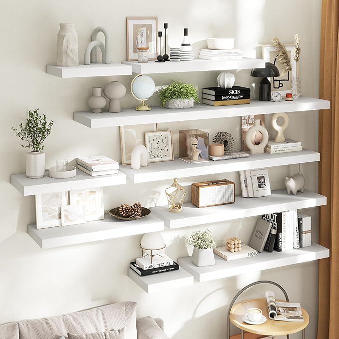 48 Inch Long Floating Shelves for Wall Set of 2, 12"D Wood Grain Bathroom Shelves with Invisible Brackets, Easy Install Engineered Wood Storage Shelves for Kitchen, Living Room, Bedroom, White Finish