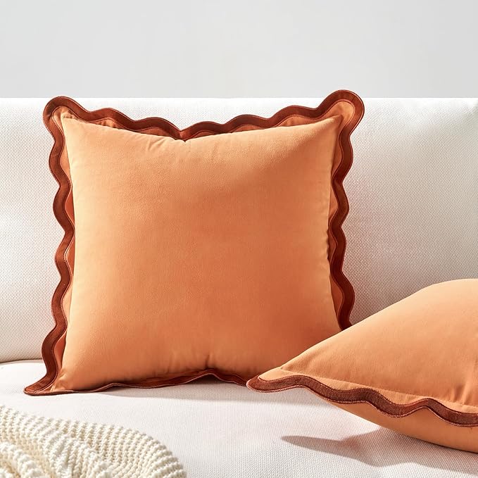 MONDAY MOOSE Decorative Throw Pillow Covers Cushion Cases, Set of 2 Soft Velvet Scalloped Wavy Edge Designs, Mix and Match for Home Decor, Pillow Inserts Not Included (20x20 inch, Rust/Coral)