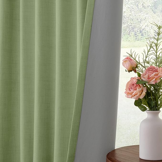 INOVADAY 100% Blackout Curtains for Bedroom, Black Out Curtains 90 Inch Long, Clip Rings Linen Blackout Drapes, Thermal Insulated Room Darkening for Living Room, 2 Panels - Sagegreen,W50xL90