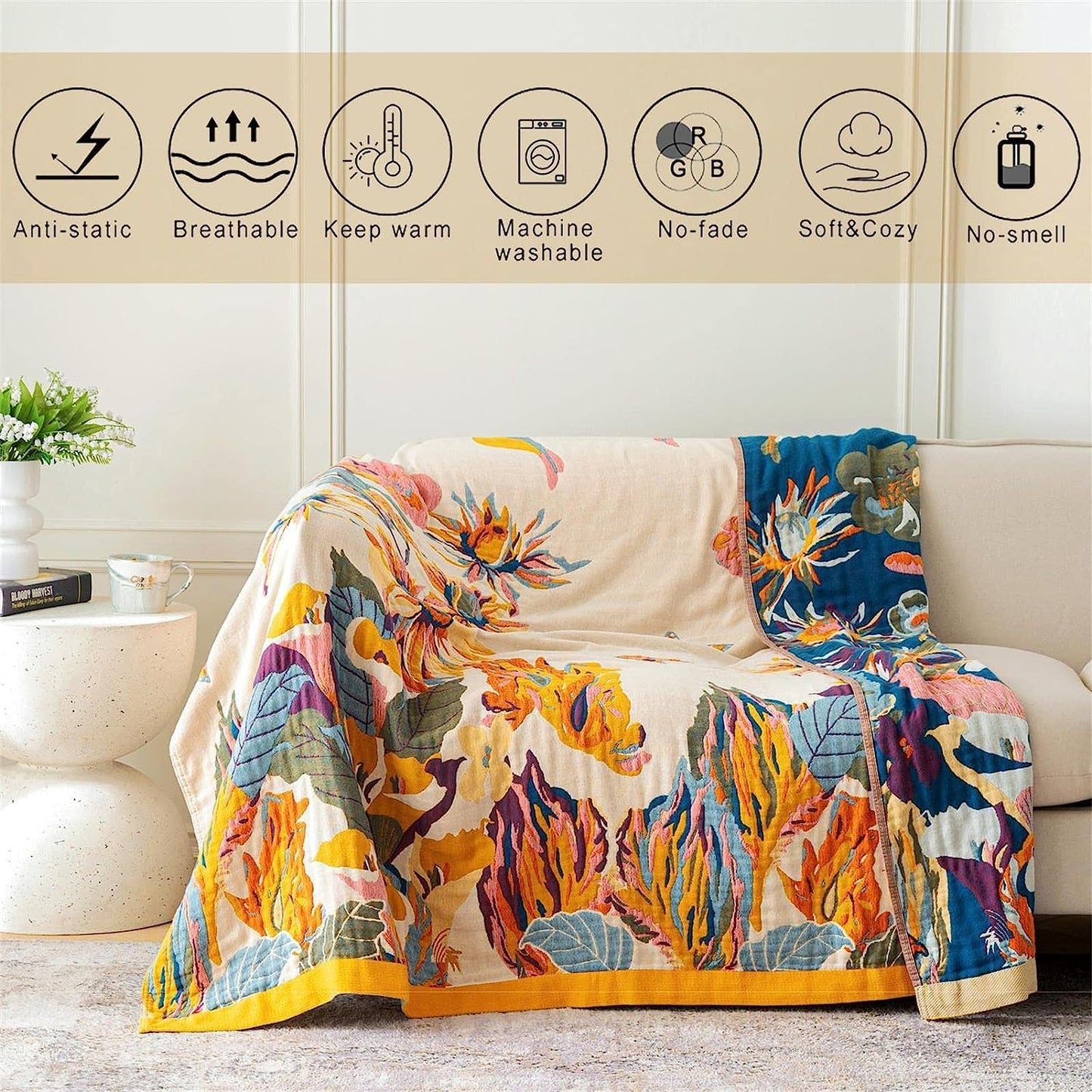 100% Cotton Throw Blanket for Bed Couch Summer 98''x 98'' Super Soft Muslin Blankets Warm Boho Quilt Lightweight Farmhouse Decorative Bed Blankets