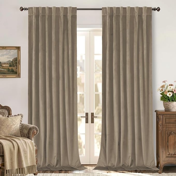 BGment Taupe Velvet Curtains 96 Inches for Living Room - Thermal Insulated Blackout Super Soft Thick Room Darkening Back Tab and Rod Pocket Curtains for French Country/Bedroom, 2 Panels, 52 x 96 Inch