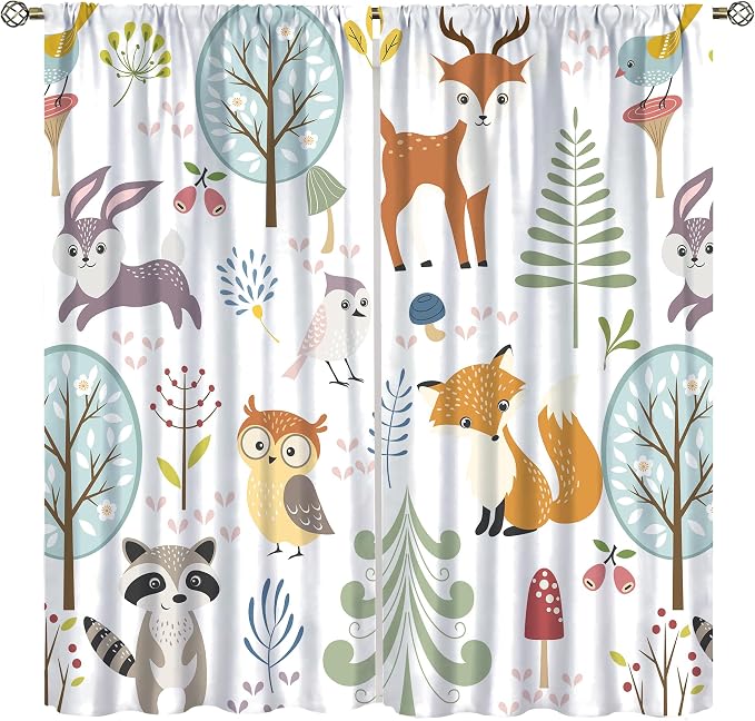 Nursery Safari Animals Curtains, Baby Boy Girl Kids Woodland Jungle Forest Lion Elephant Printed Curtains for Living Room Bedroom Window Drapes 2 Panel Sets42x54 Inch