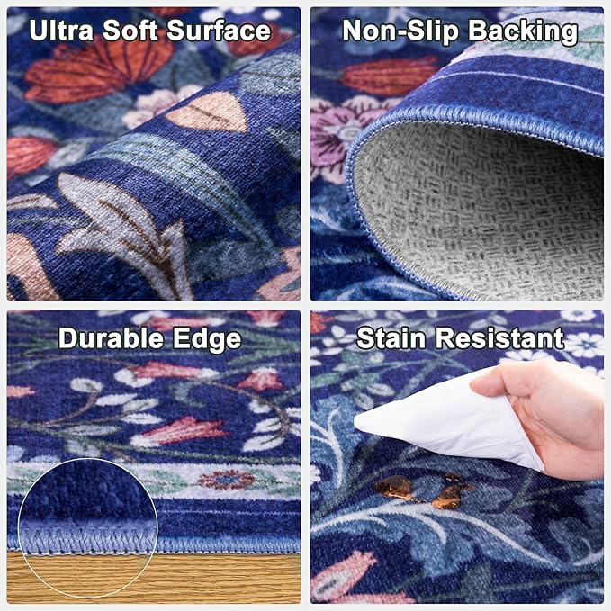 Runner Rug for Entryway: 2.6x14 Kitchen Rugs Non Slip Washable Ultra-Thin Soft Floral Carpet Indoor Floor Stain Resistant Carpets for Hallway Bedroom Kitchen Laundry Bathroom Dorm Blue