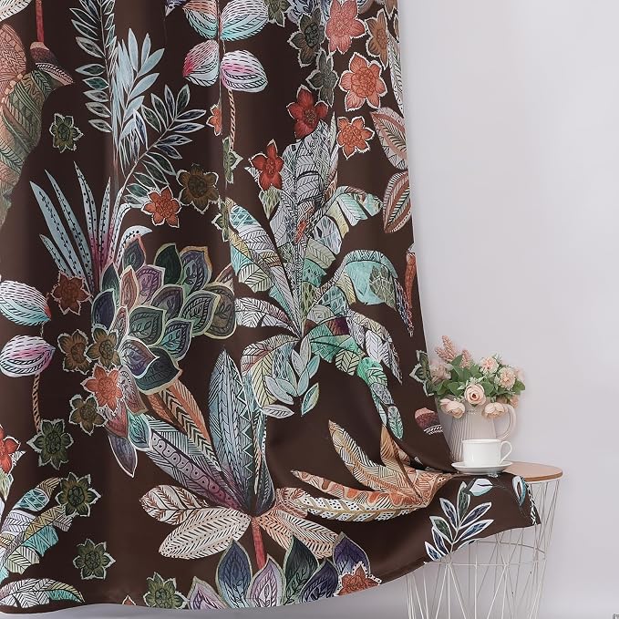 Estelar Textiler Brown Boho Floral Leaves Pattern Curtains Window Drapes for Living Room,Botanical Printing Design Grommet Thermal Insulated Curtains Home Decoration,52x63 Inch,2 Panels