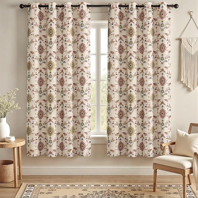 Boho Floral Blackout Curtains for Living Room, Beige Linen Textured Drapes with Colorful Bohemian Print 72 Inches Long 2 Panels Set Vintage Farmhouse Rustic Window Curtains Grommet Top