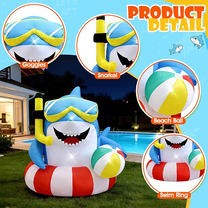 4FT Inflatable Shark with Beach Ball for Summer Outdoor Decor, Blow Up Shark Built-in 3 LED Lights for Beach Pool Ocean Party Decorations, Birthday Party Supplies, Yard Garden Indoor Photo Backdrop