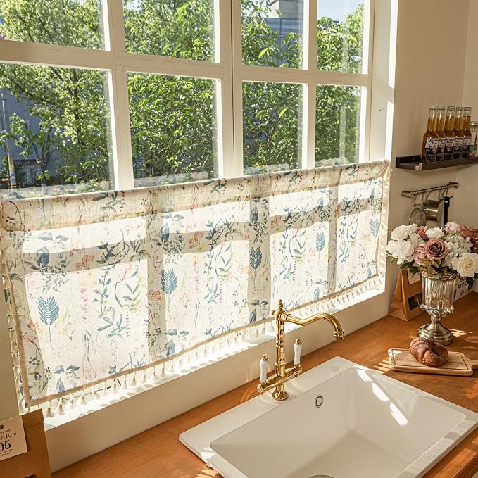 Deeprove Blue Boho Kitchen Valance Printed for Bedroom Living Room Cafe Botanical Florals Curtain with Tassel Vintage Bohemian Retro Window Small Short Treatment Light Filtering 1 Panel 52W x 18L