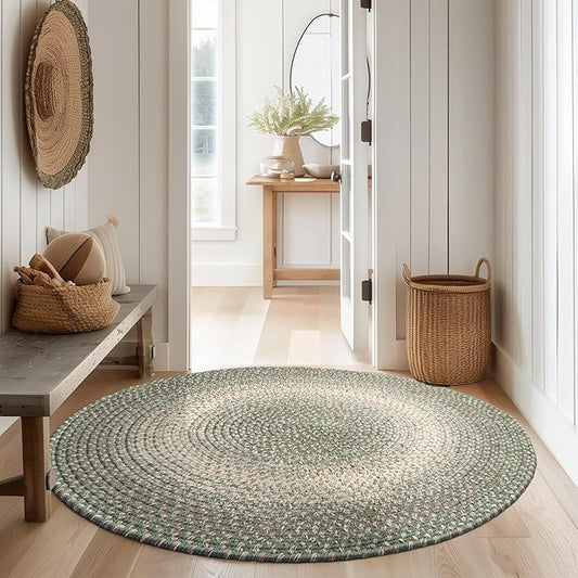 Super Area Rugs Braided Rug Round 6ft Farmhouse Kitchen Rug - Ridgewood Braided Carpet for Dining Room Table - Reversible - Indoor/Outdoor - Made in USA - Forest Green/Beige, 6' Round