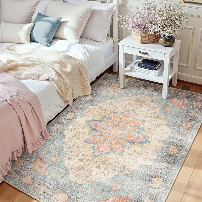 RELEANY Area Rugs 3'x4' Washable Non-Slip, Floral Vintage Distress Medallion Carpet for Living Room Bedroom Dining Room, Blue Orange Red