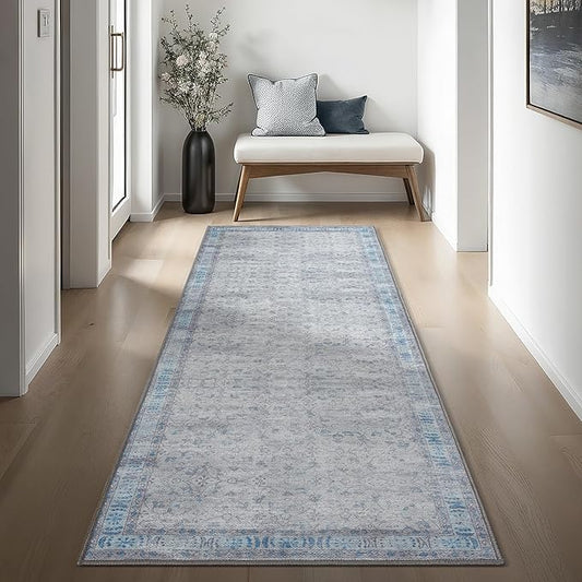 Gray Oushak Runner Rug Hallway 2'5x9'8 - Turkish Modern Runner Rugs, Vintage Washable and Foldable Entrance Floral Pastel Long Rugs, Non-Slip Runner Rug for Hallway, Kitchen, Bedroom, Bathroom