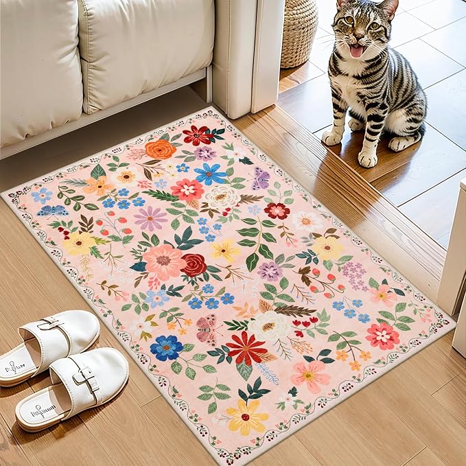 Entryway Rug 2X3 Small Rugs: Floral Washable Door Mat Vintage Soft Low Pile Non-Slip Kitchen Rugs Stain Resistant Indoor Throw Rug for Entrance, Bedroom, Kitchen, Laundry, Bathroom Beige