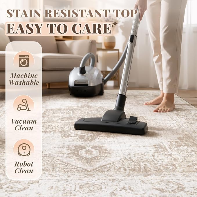 Area Rug 4x6 Vintage Rug: Washable Indoor Medallion Rugs Low Pile Distressed Floor Carpet Retro Accent Rug for Living Room Bedroom Kitchen Dining Table Home Office(Beige, 4'x6')