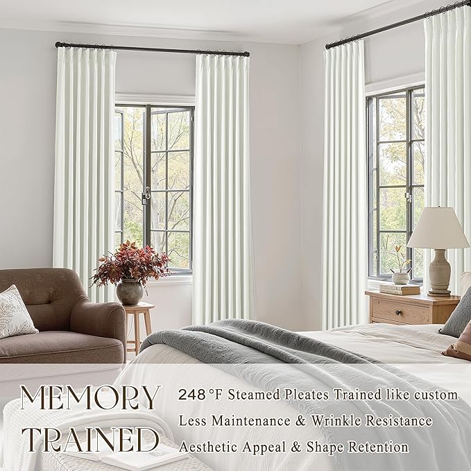 Ivory Pinch Pleated Linen Blackout Curtains 96 Inches Long for Bedroom Living Room 2 Panels Set, Darkening Thermal Insulated Double Layer Boho Neutral Pinch Pleat Hooks Rings Track System Curtain