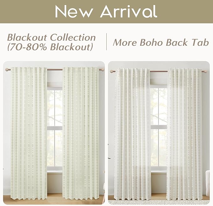 Tan Floral Linen Curtains, Cozy Warm Beige Boho Cottage Semi Sheer Drapes for Living Room Bedroom, 50" W x 84" L