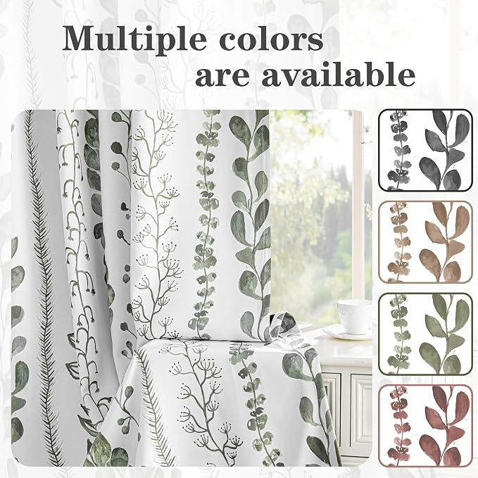 MEETSKY Sage Green Blackout Curtains 84 Inches Long 2 Panels Boho Curtains for Living Room Thermal Insulated Privacy Protection Rod Pocket Drapes for Bedroom, Leaf Print Window Treatment, 50" Wide