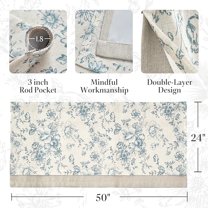 jinchan Linen Kitchen Curtain 24 Inch French Floral Double Layer Curtain Farmhouse Tier Drape Rustic Half Window Treatment for Living Room Light Filtering Rod Pocket 1 Panel Blue on Beige