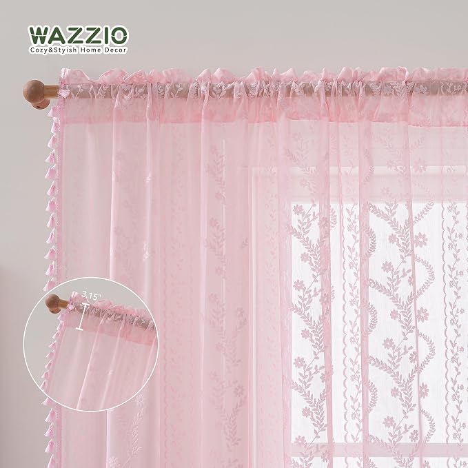 WAZZIO Boho Lace Curtains 63 Inch 2 Panels -Sheer Panel Drape Floral Pattern & Tassel Light Filtering Privacy for Bedroom Dining Living Room,Princess Pink Girl Bedroom Decor,Pale Pink,W52 x 63L