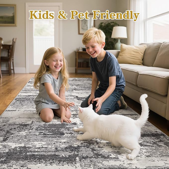 Hallway Washable Runner Rug: 3x12 Abstract Modern Soft Stain Resistant Non-Slip Backing Runner for for Entryway Kitchen Laundry - Black Grey