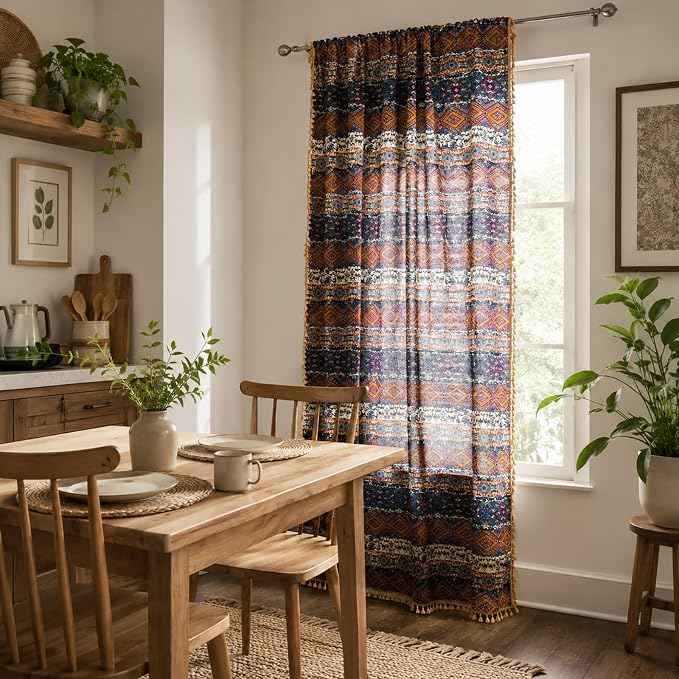 VOGOL Boho Semi Blackout Curtains, Geo Print Decorative Window Treatments with Tassel, 1 Panel Rod Pocket Drapes for Living Rest Room, 28 x 84 Inches