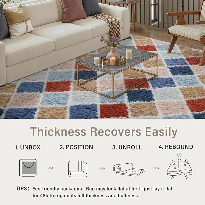 PureCozy 6x9 Checkered Rug for Living Room Rainbow Modern Soft Area Rug Fluffy Non-Slip Carpet for Bedroom Playroom Home Aesthetic Decor