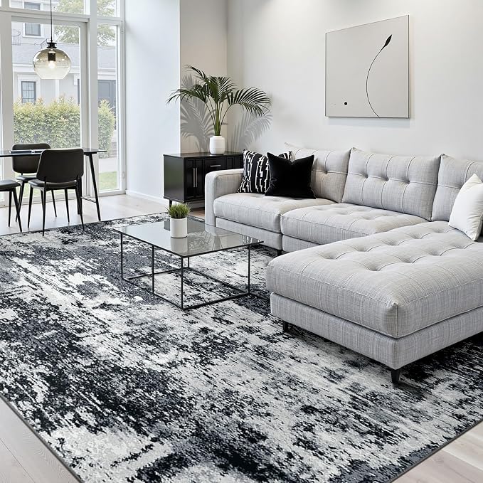 RELEANY Washable Area Rugs 6'x9' Non-Slip Modern Abstract Soft for Living Room Entryway Bedroom Kitchen, Print Pattern, Black Navy Blue Gray
