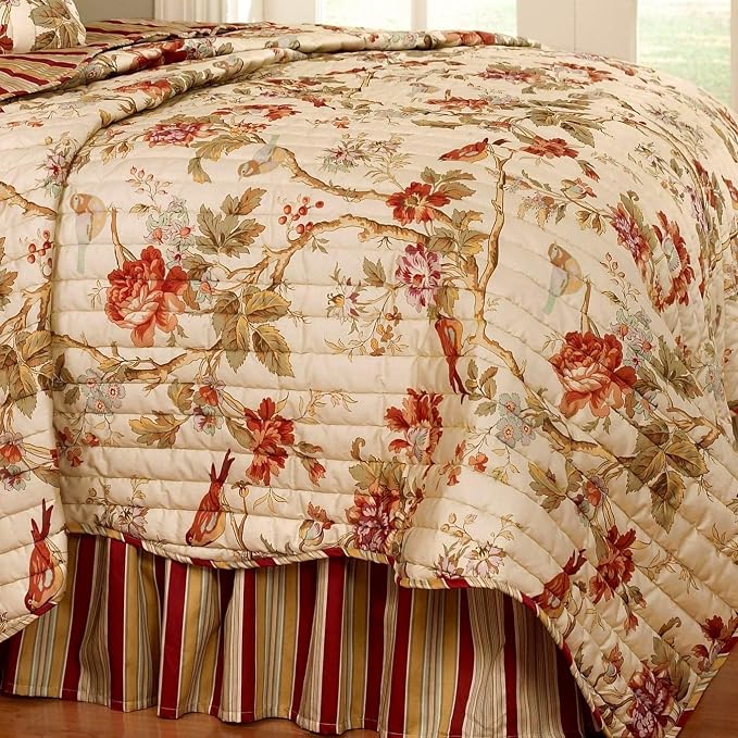 Waverly Charleston Chirp 3 Piece Quilt Set - 100% Cotton Light Weight Bedding with Bed Skirt & Pillow Shams - Twin Papaya