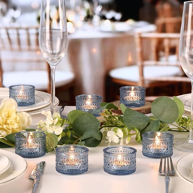NITIME 4PCS Blue Votive Candle Holders for Wedding Decorations, Tea Lights Candle Holder for Table Centerpiece, Blue Polka Dot Glass Candle Holder for Home and Party Decoration