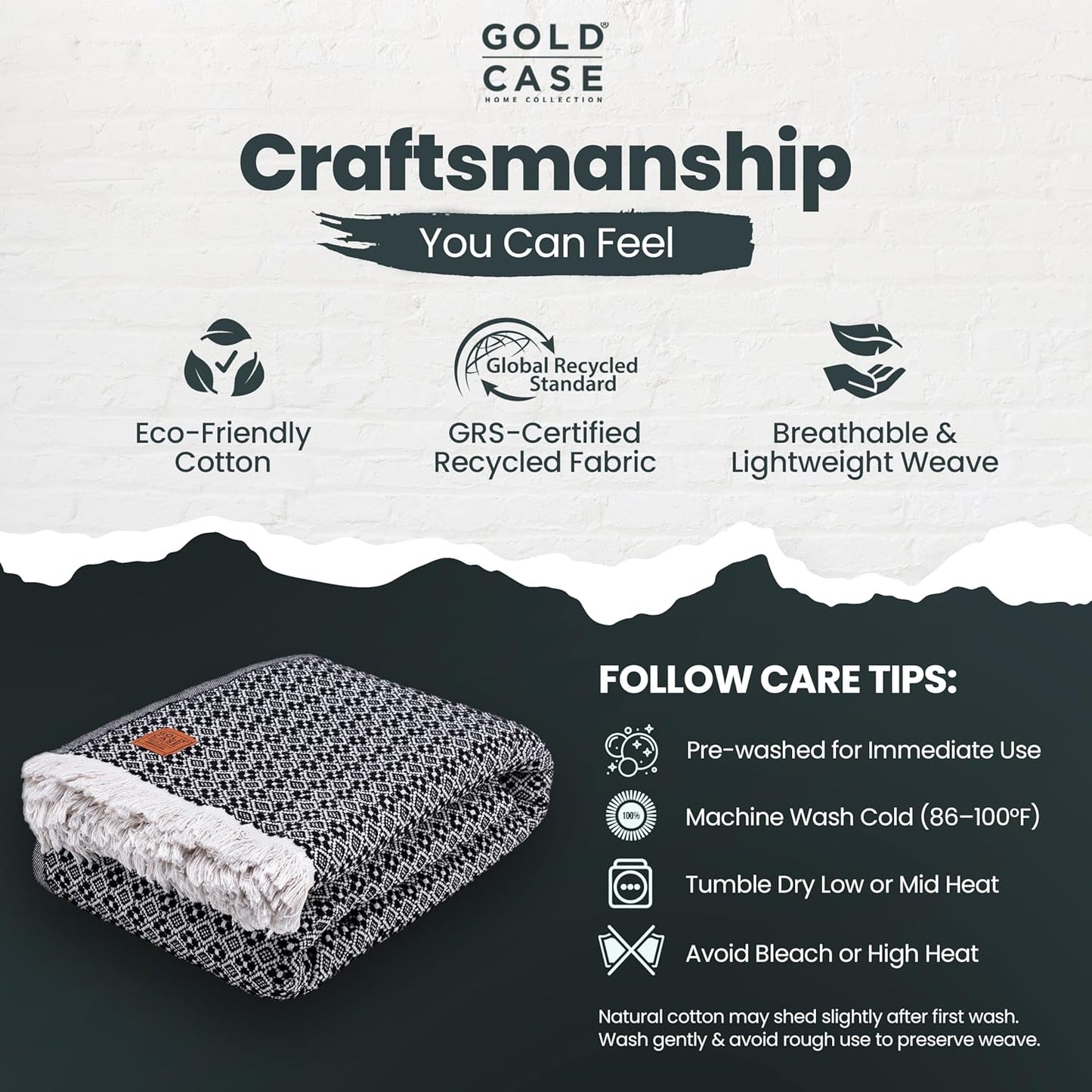 Gold Case Throw Blanket for Bed – 100% Recycled Turkish Cotton Bed Blanket – Decorative Throw Cotton Blankets for Living Room & Bedroom – Woven Twin Blankets - 71x90 - Black