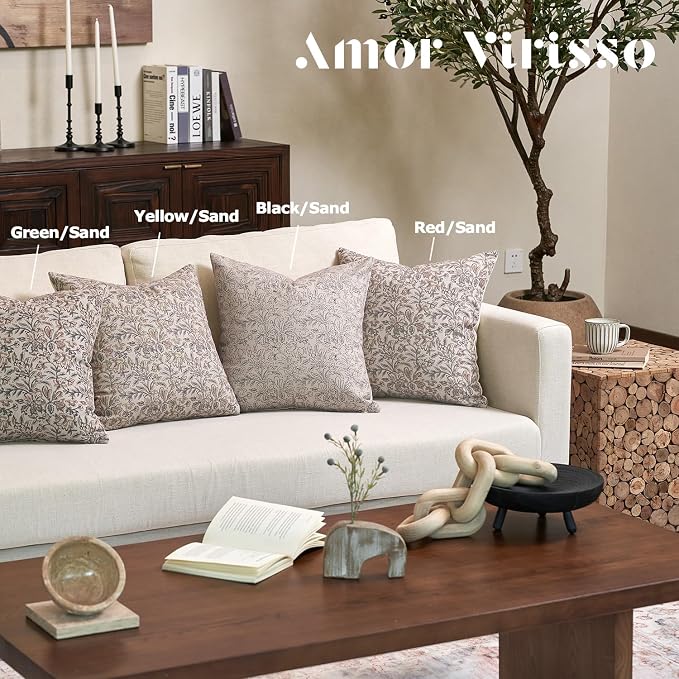 Amor Virisso Floral Throw Pillow Covers 20x20 Set of 2 Vintage Block Print Pillow Covers Decorative Pillow Covers Couch Pillows for Living Room Farmhouse Accent Sofa Pillows, Yellow/Sand