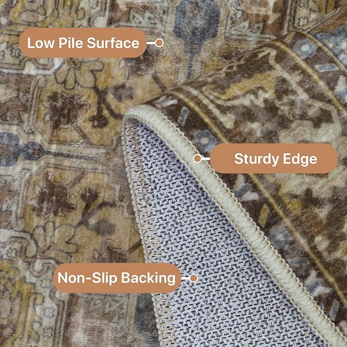 GENIMO 6x9 Area Rugs for Living Room, Machine Washable Non Slip Vintage Rugs, Low Pile Lightweight Print Rug for Bedroom, Dining Room, Home Office, Rustic Brown