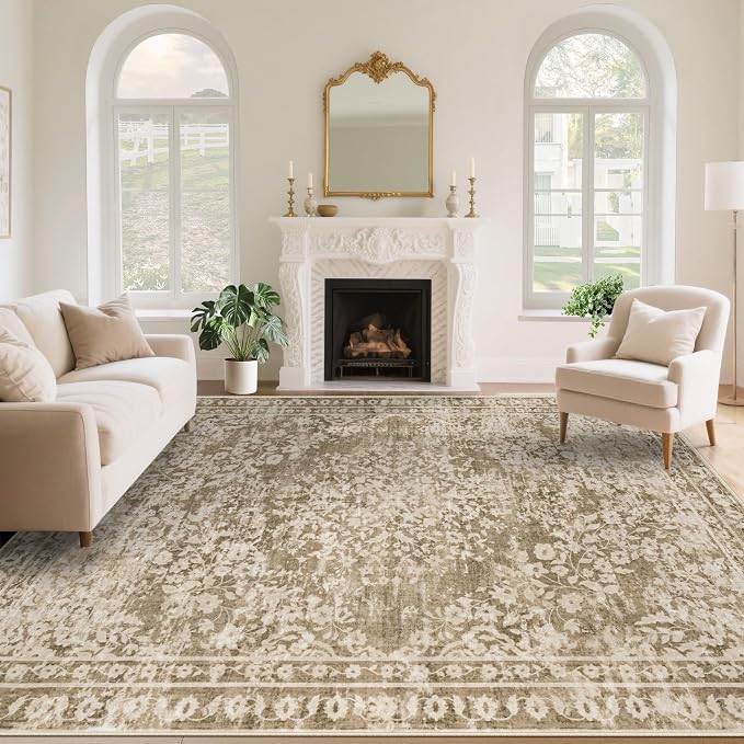 Vintage Living Room Area Rug - 9x12 Large Machine Washable Boho Area Rug Distressed Floral Rugs for Bedroom, Soft Non-Slip Indoor Floor Accent Rugs for Office Dining Room (Floral Brown, 9'x12')