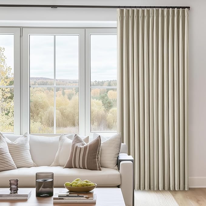 Taupe Blackout Linen Curtains 102 Inches Long for Bedroom Pinch Pleated Black Out Curtains Lined 2 Layers Memory Shape Noise Reducing Neutral Farmhouse Living Room Darkening Window Drapes