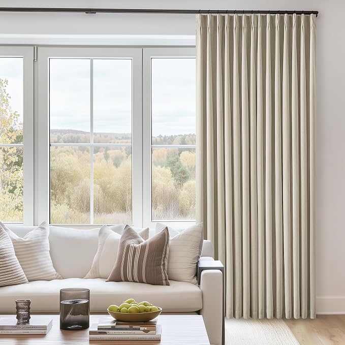 Taupe Linen Blackout 120 Inch Curtains for Living Room 2 Panels Set Pinch Pleated Back Tab Drapes Farmhouse Thermal Insulated Full Black Out Curtains 120 Length High Ceiling to Floor Burlywood Birch