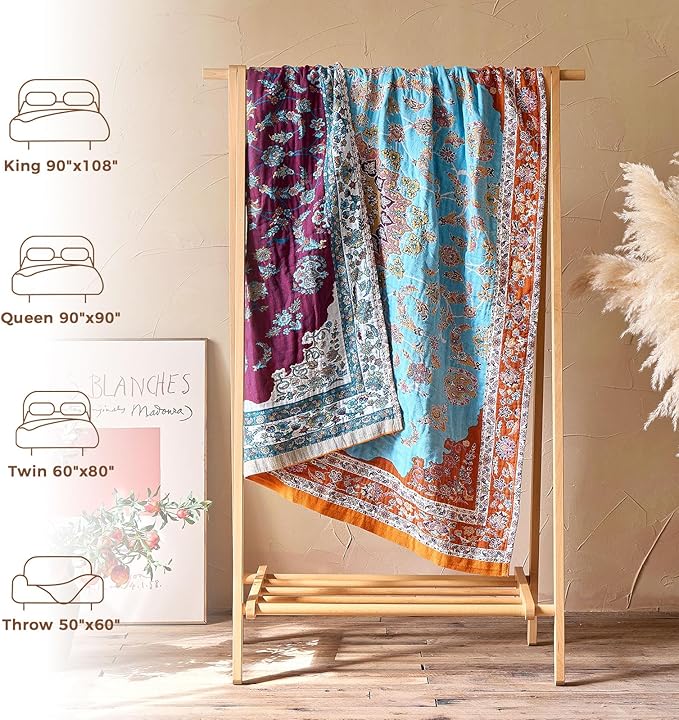 LUTBM Boho Throw Blanket for Couch Sofa Chair Cotton Spring Blankets for Bedroom Living Room All Season Lightweight Reversible Floral Embroidery Decorative Throws 50"x60"
