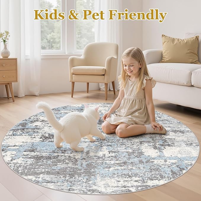 6ft Round Area Rugs for Living Room: 6x6 Abstract Washable Rug Modern Large Soft Stain Resistant Non-Slip Backing Machine Table for Bedroom Dining Room Indoor Home Office Carpet - Blue Grey