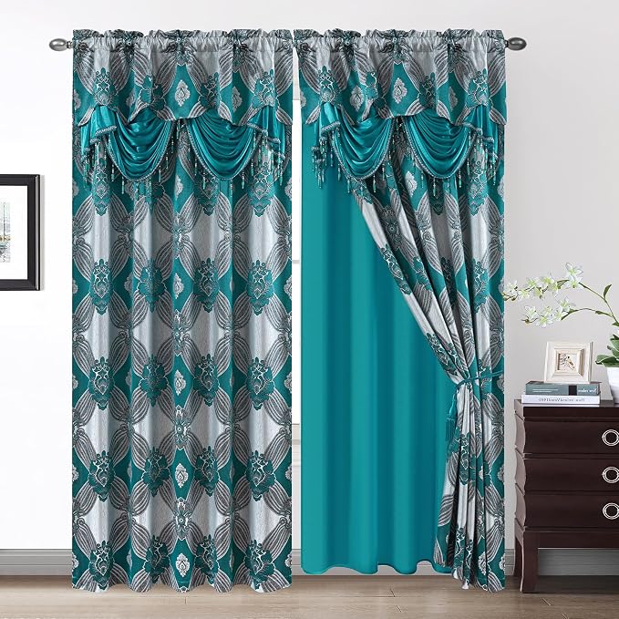 Petrichor Elegant Curtains with Gold Silver Threads 2 Panels Set - Luxury Window Treatment Attached Valance, Sheer Backing, and 2 Tie Backs for Bedroom and Living Room, 54x63 inches, Teal