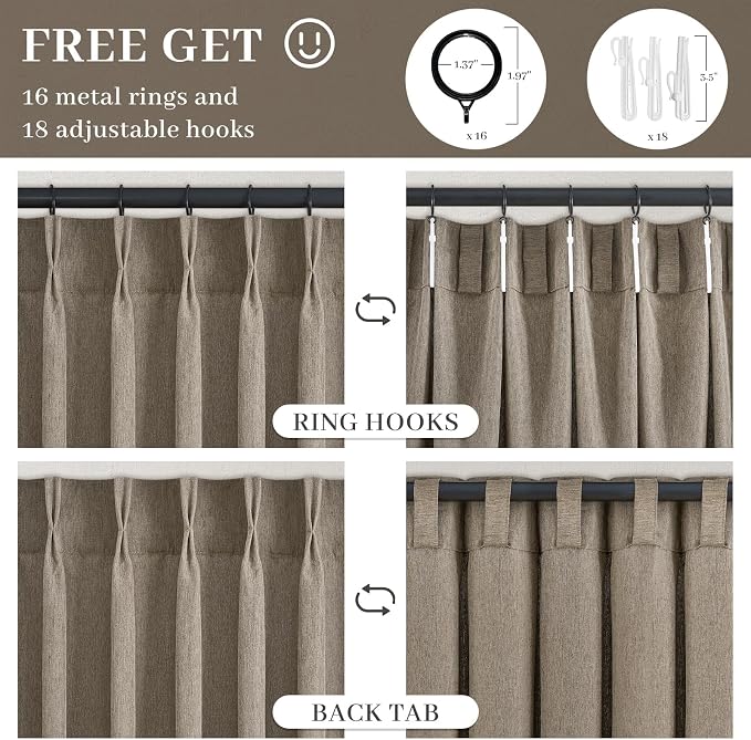 Thick Linen Taupe Burlywood Curtains 96 Inches Long for Living Room Bedroom Aesthetic Pinch Pleated Drapes with Hooks Rings Light Filtering Ceiling Floor Custom Made Memory Trained Curtain
