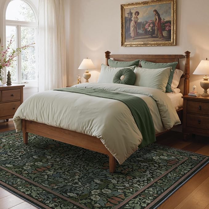 GENIMO 3x5 Washable Entryway Rug, Non Slip Bedroom Mat, Dark Green | Vintage Boho Floral Low Pile Thin Carpet for Bedroom, Dining Room, Nursery, Indoor Decor