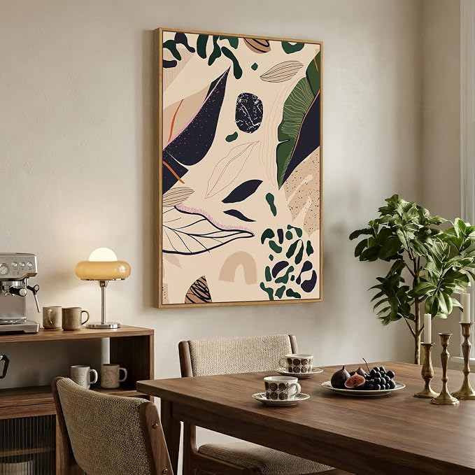 Framed Boho Abstract Botanical Wall Art for Living Room, Neutral Earthy Tropical Leaf Canvas Painting Prints Artwork for Walls, Mid Century Modern Vertical Wall Decor for Bedroom Home Office, 24x36 In