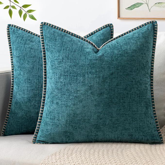 MIULEE Pack of 2 Couch Throw Pillow Covers 20x20 Inch Dark Teal Farmhouse Decorative Pillow Covers with Stitched Edge Soft Chenille Solid Dyed Pillow Covers for Sofa Bed Living Room