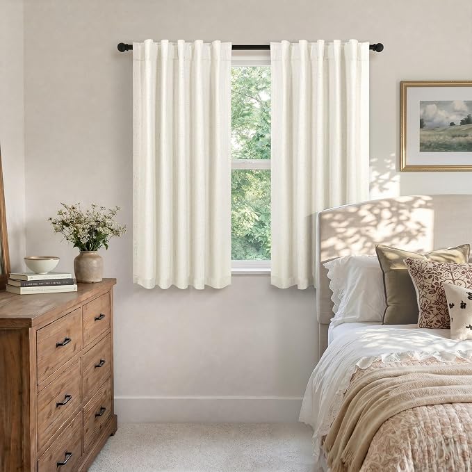 Pitalk Short Curtains for Windows Bathroom Blackout Linen Boho Back Tab Pocket Pleated Dark Out Cafe Curtains for Bedroom Door Doorway 45 Inch Length 2 Panels Set Cream Off White Wide 38 x 45 in Long