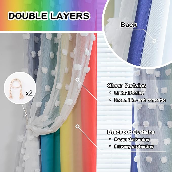 MYSKY HOME Pom Pom Sheer and Blackout Curtains Double Layer 72 Inches Long Kids Curtain for Girls Bedroom Son Room Ombre Room Darkening Window Drapes Back Tab Rainbow 52 x 72 in 2 Panels