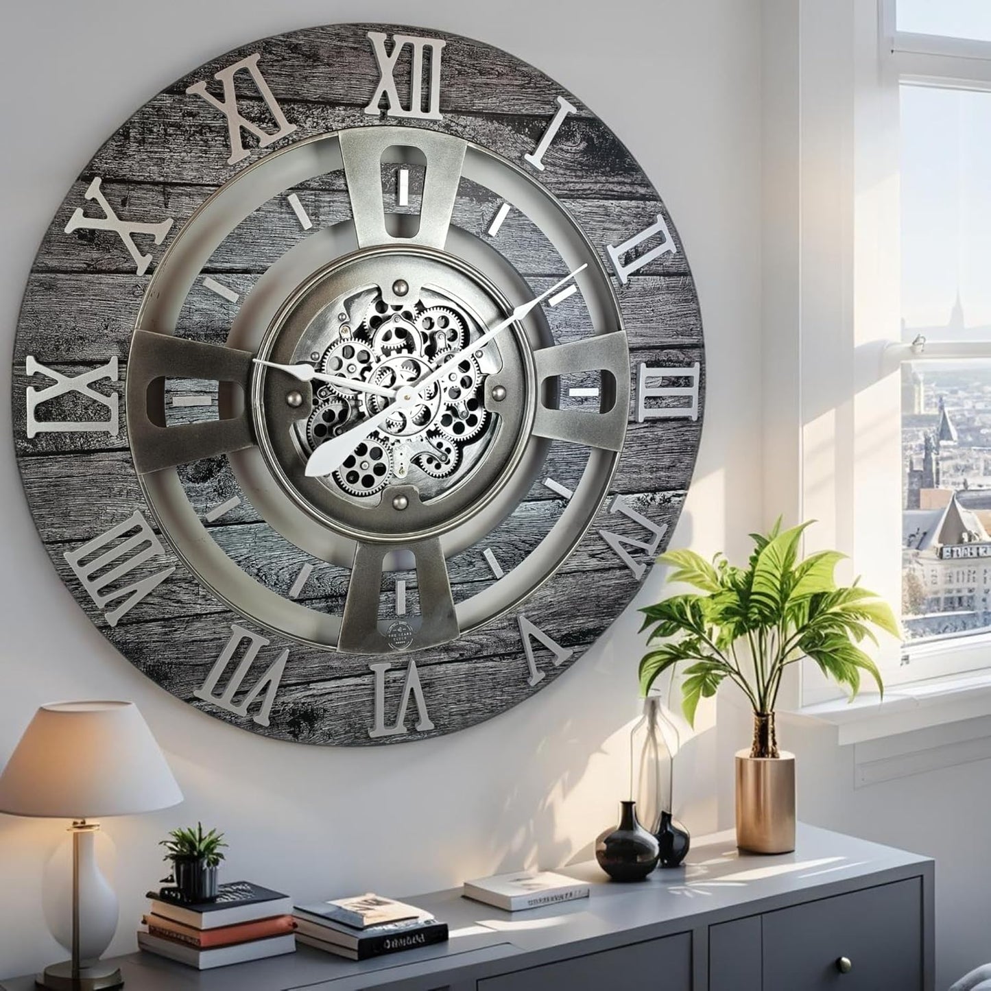 The Gears Clock Real Moving Gear Wall Clock England Line (Carbon Grey, 36 inches (90 cm))