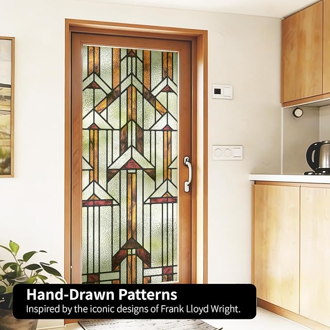 Faux Stained Glass Window Film, Decorative Window Privacy Film for Front Door Sliding Door Glass Film Decor Inspired by Frank Lloyd Wright, 29.53" x68.9" Hollyhock House, Boho