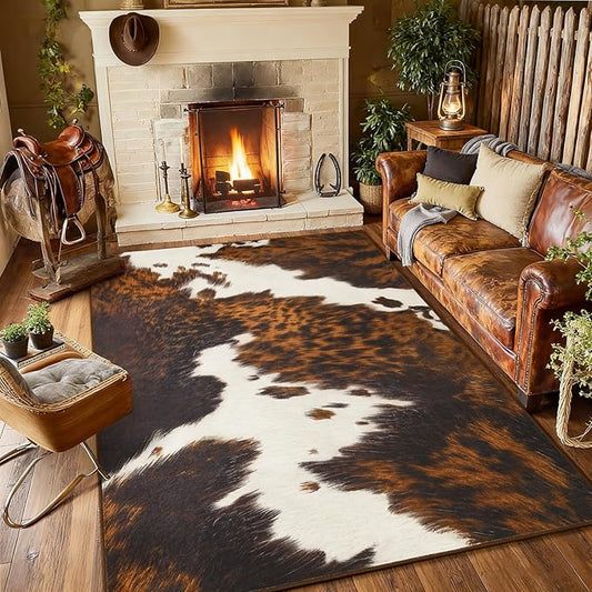 Soft Cowhide Rug 4x6 Ft, Faux Cow Hide Rugs for Living Room Bedroom, Non-Slip TPR Backing for Hardwood Floors, Machine Washable & Easy to Clean, Pet Friendly Carpet for Kids, Brown