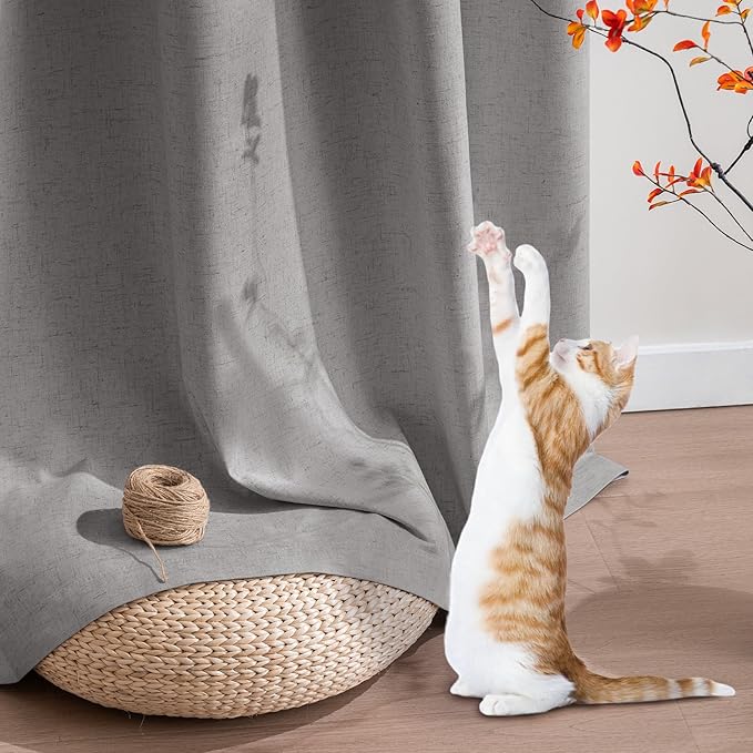 PrinceDeco Nature Linen Curtains 100% Back Out Curtains for Living Room/Bedroom 54 Inch Length Burlap Fabric Thermal Insulated & Light Blocking Nickel Grommet Window Drapes Set of 2,Heathered Dove