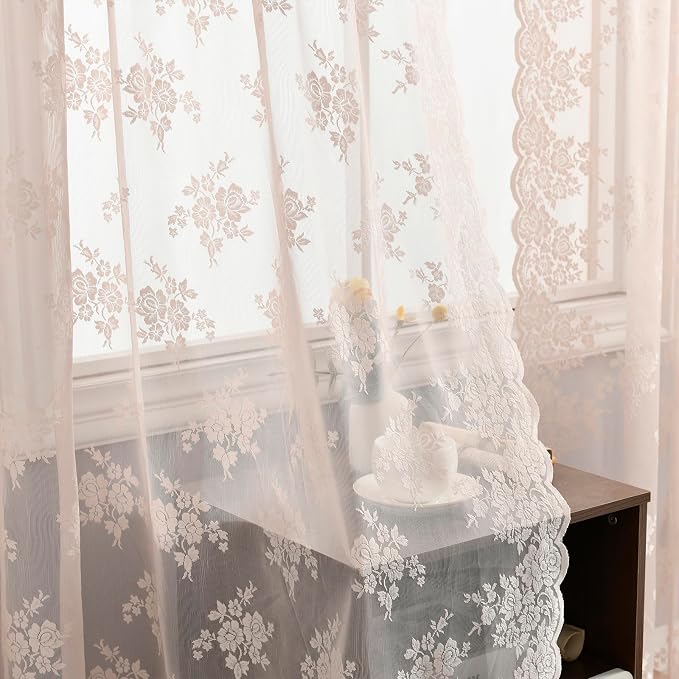 Kotile Blush Pink Lace Curtains 54 Inch Length - Country Rustic Floral Pattern Sheer Lace Curtains for Girls Bedroom, Privacy Short Sheer Curtain for Windows, 52 x 54 Inch, 2 Panels, Blush Pink