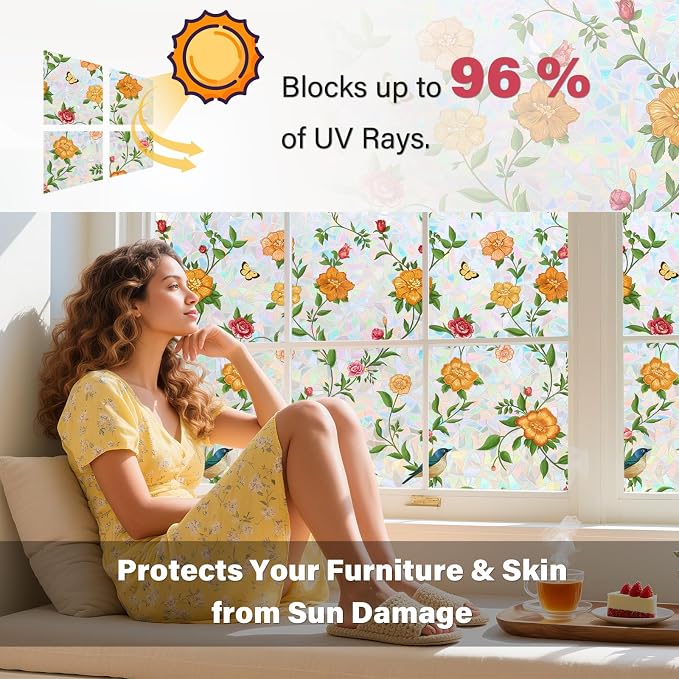 Donox Stained Glass Window Film, Floral Pattern Rainbow Light Decorative Cling, UV Block Privacy Film, Static Cling Removable No Glue for Living Room Home Office, 17.5 x 78.7 Inches